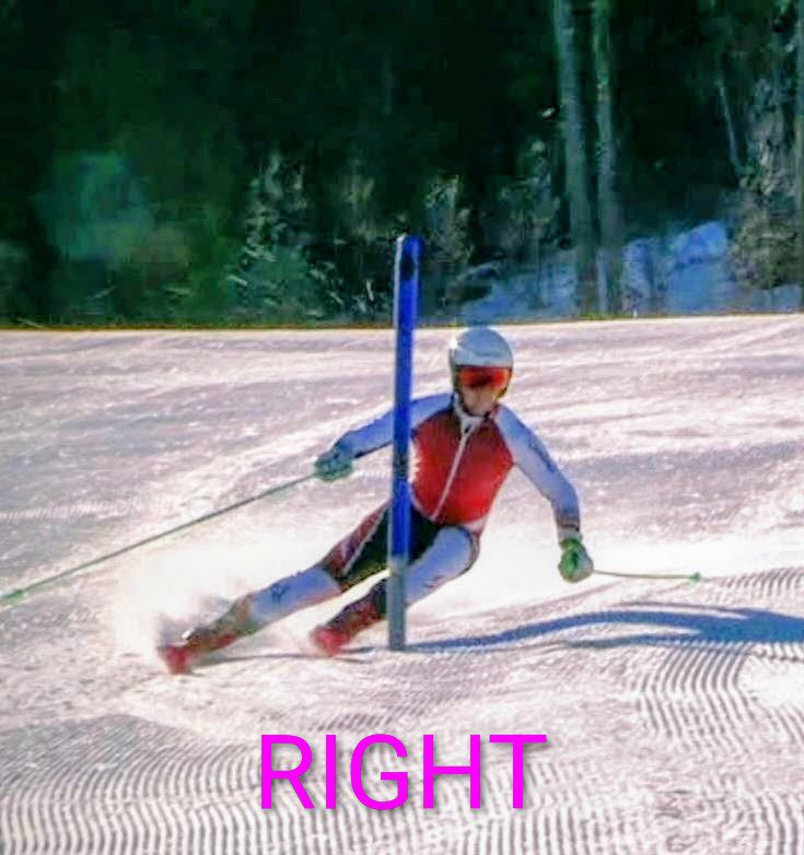 Skier making a sharp right turn on a snowy slope during a race.