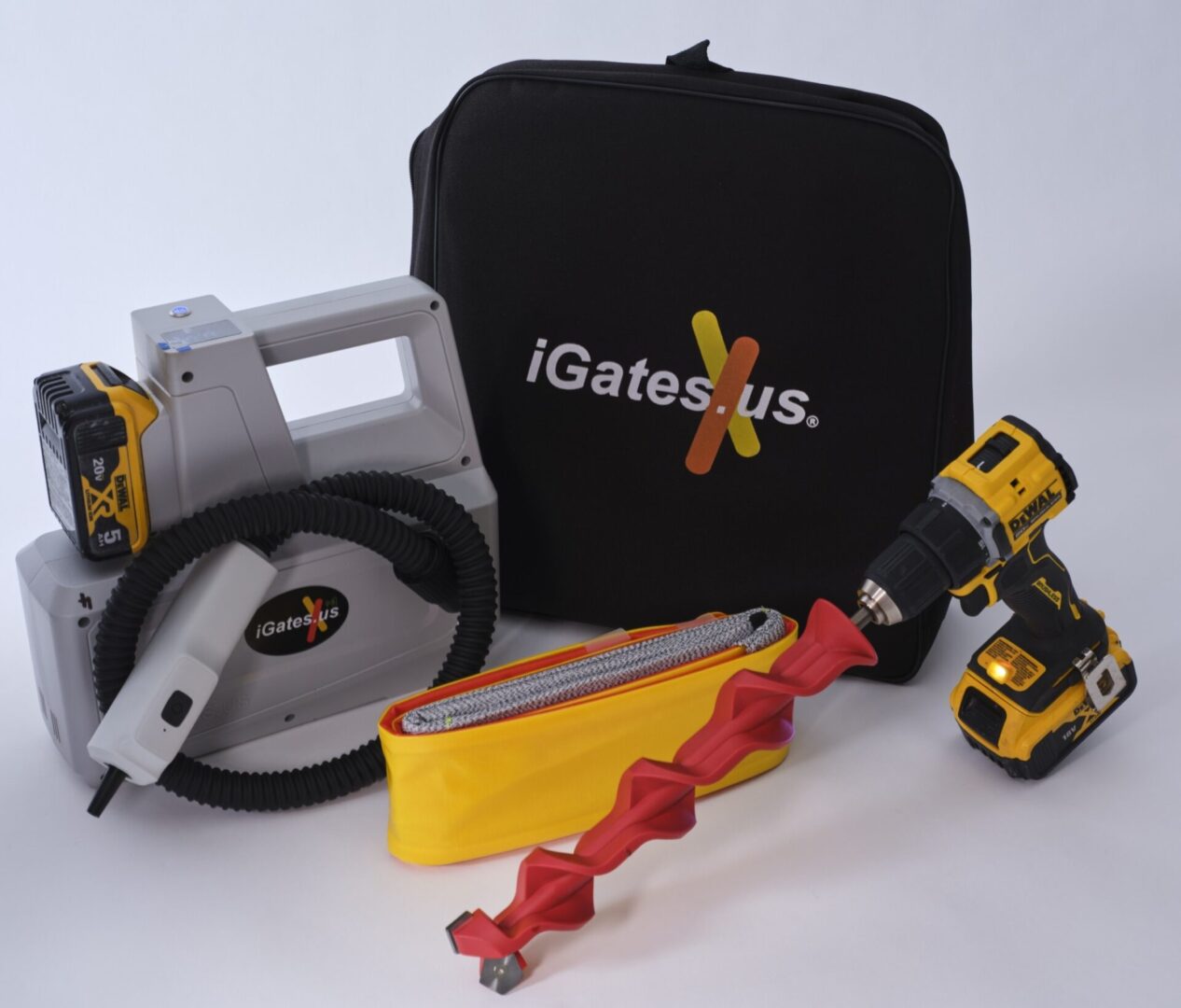 Cordless drill set with accessories and carrying bag.