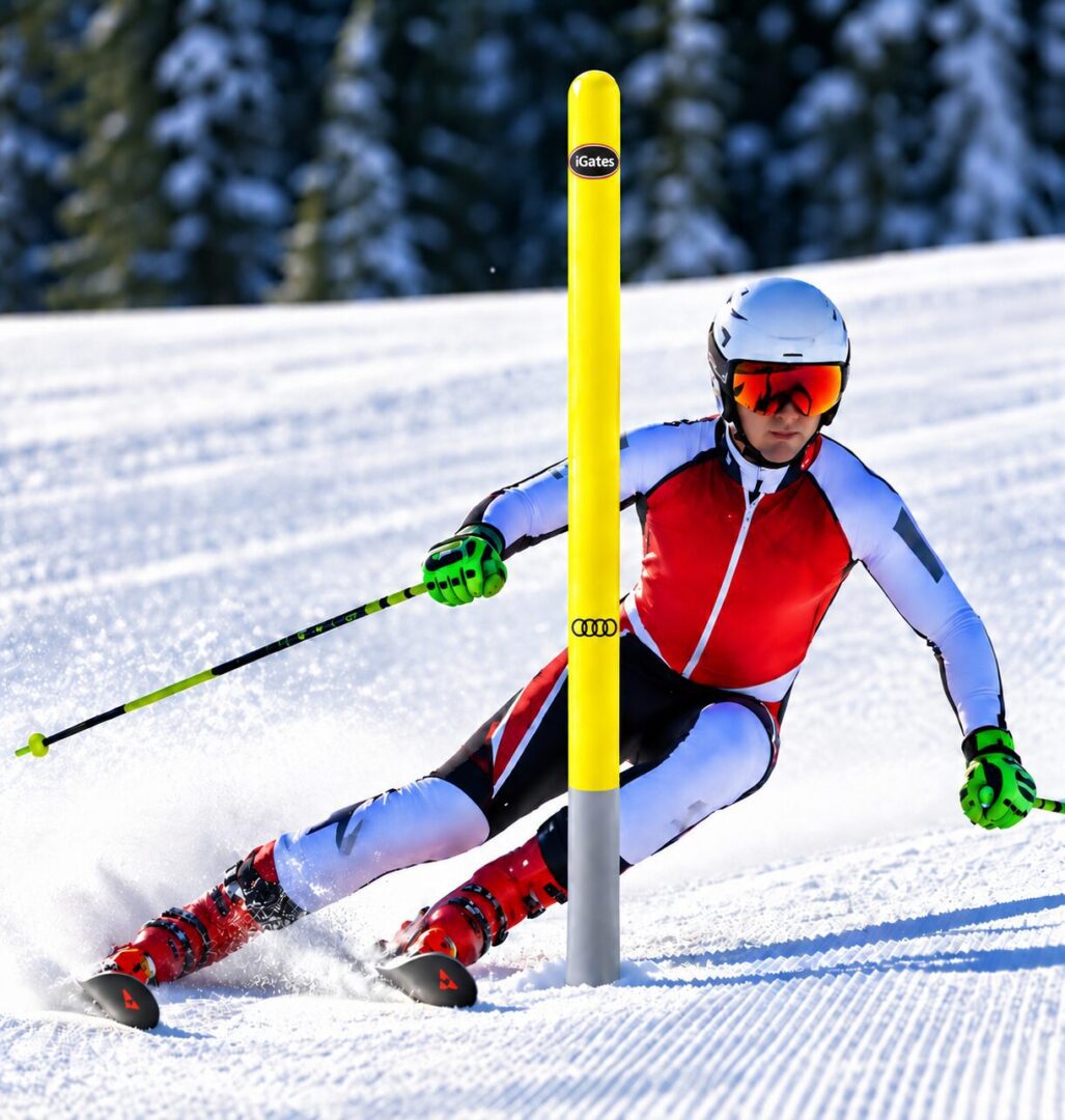 Skier carving turn around yellow slalom gate