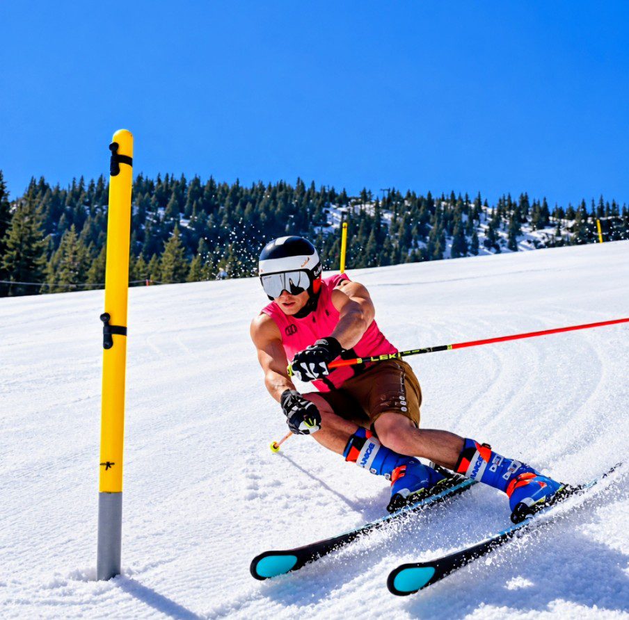 Skier racing slalom gate on snowy slope