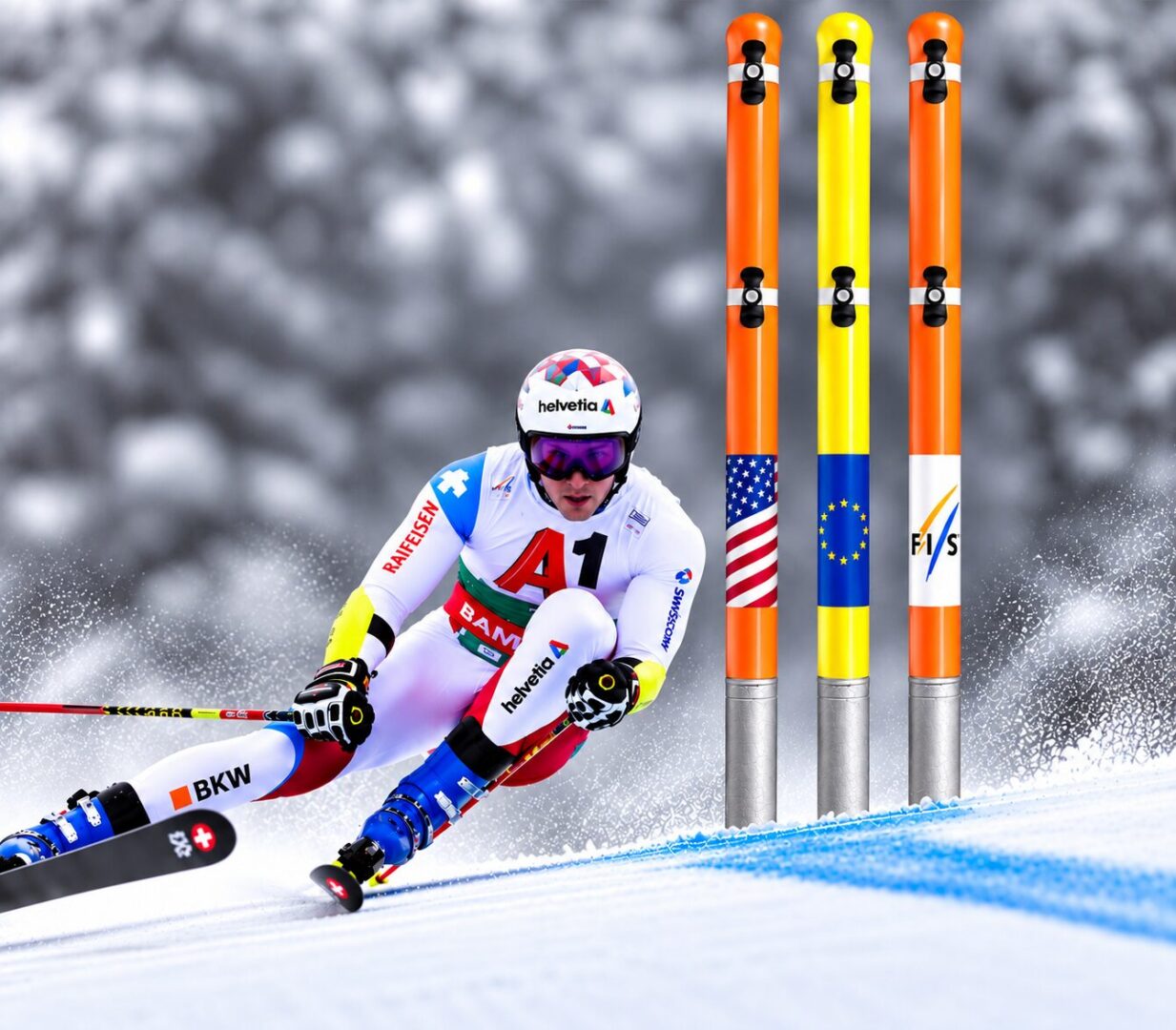 Skier racing downhill past colorful slalom gates