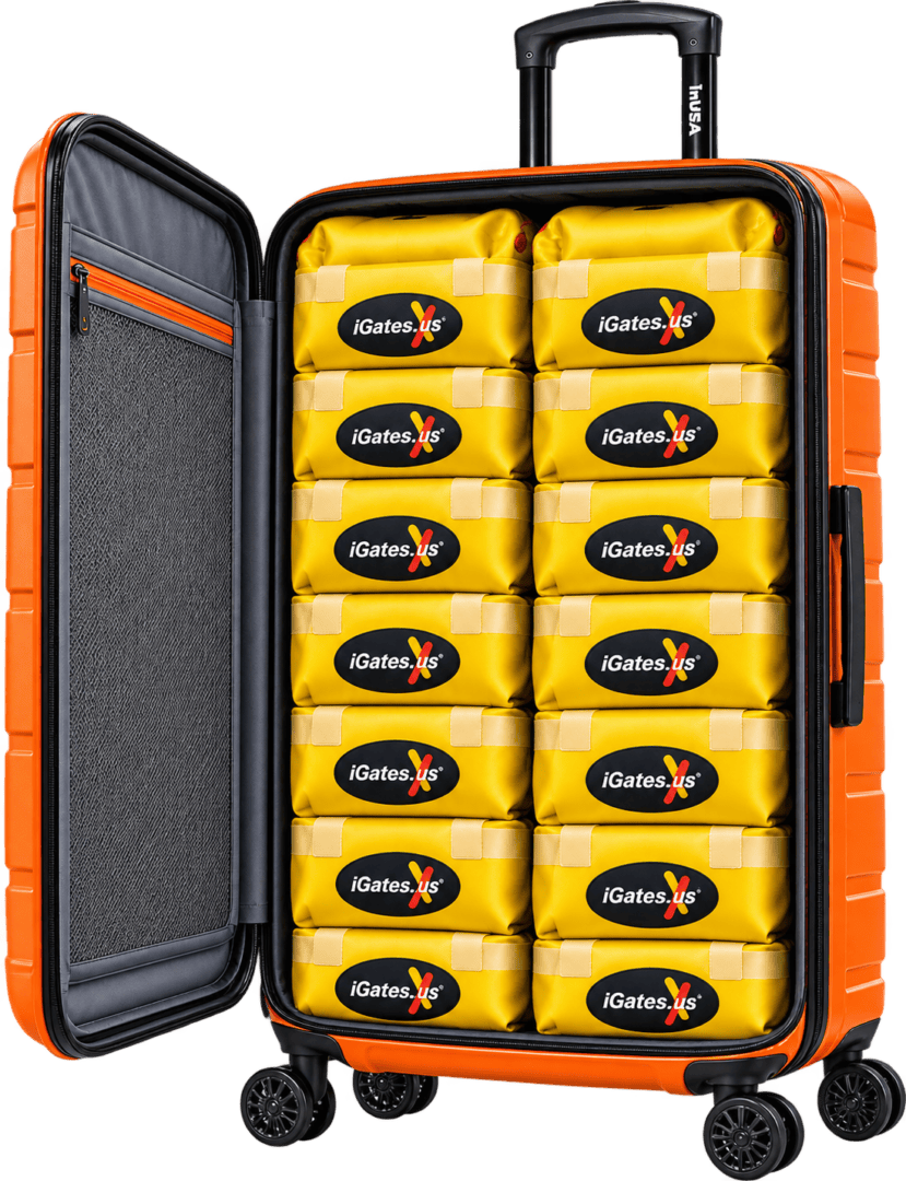 Open orange suitcase filled with yellow iGates packages