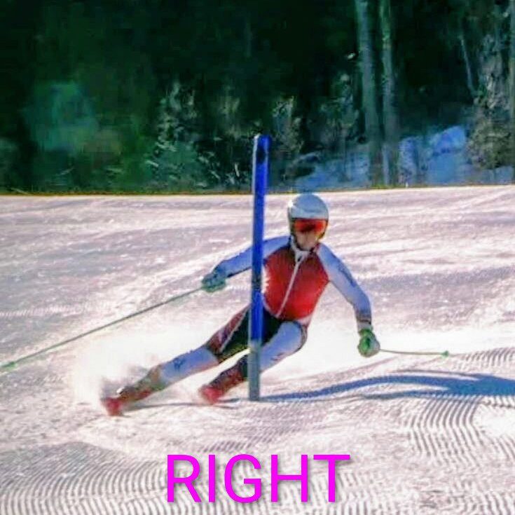 Skier making a sharp right turn on a snowy slope during a race.
